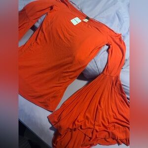 Free People We The Free Bell Sleeve Knit Top Burnt Orange NWT L